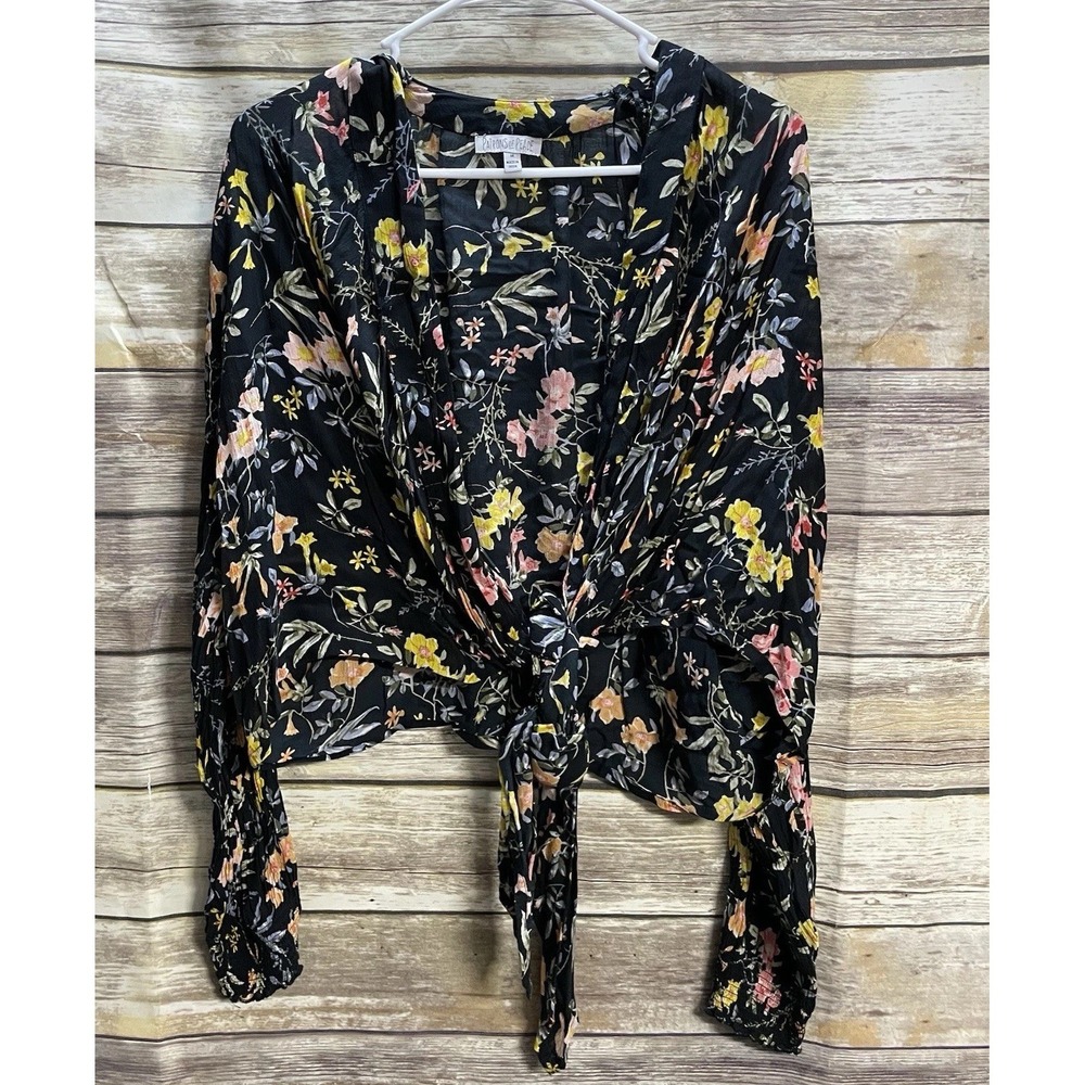 Patrons Of Peace Anthropologie Medium Black Floral Open Tie Front Shirt Top